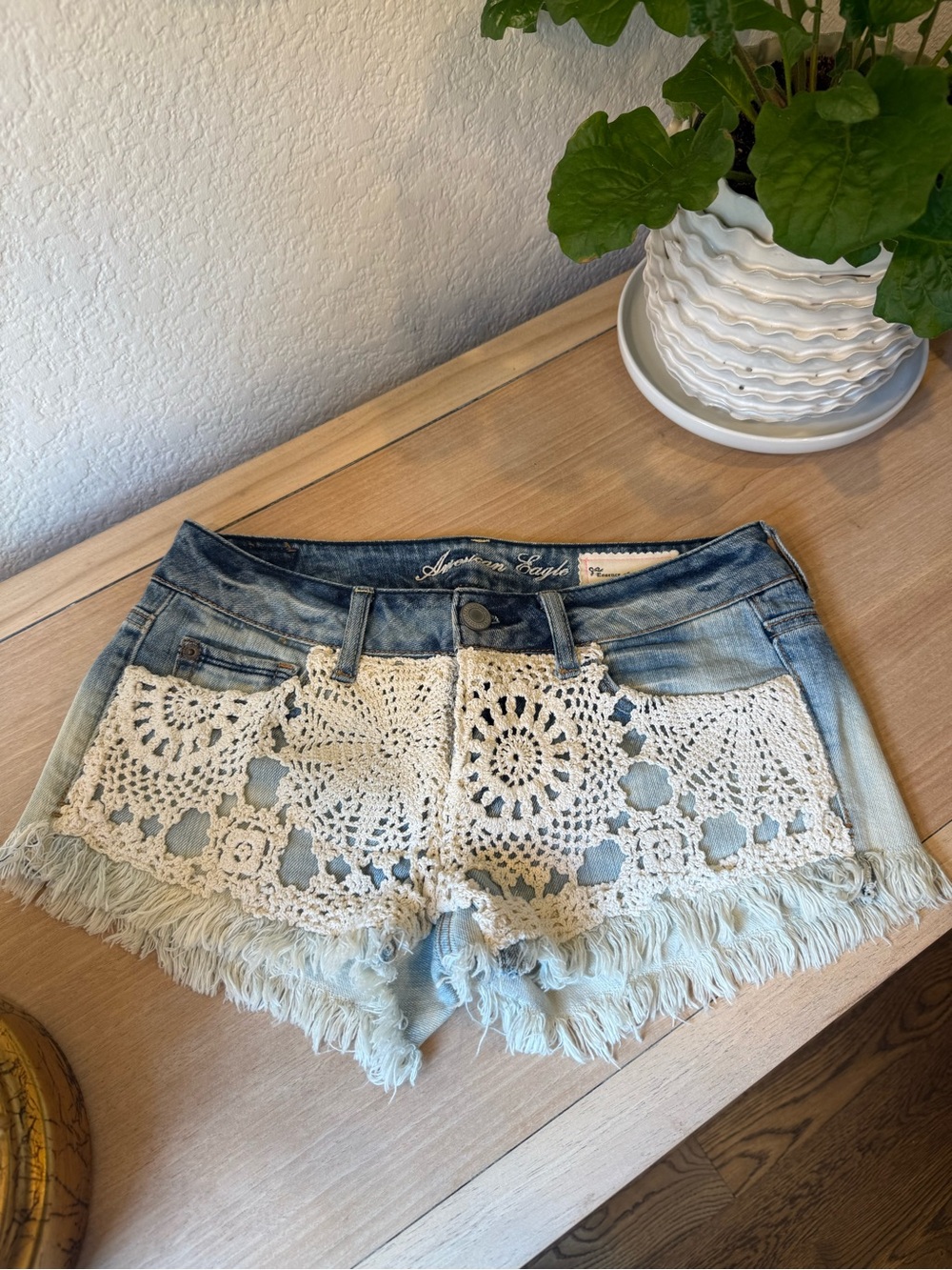 American Eagle AE Hipster Crochet Essence of Cuteness Upcycled Denim Jean Shorts
